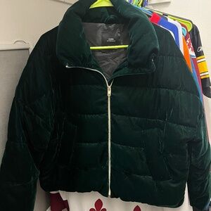 ZARA Short Coat PUFFER Emerald Green VELVET Quilted S Jacket